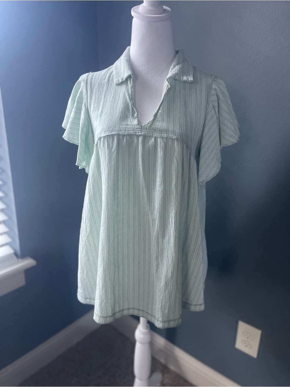 Promesa Mint Green Textured Babydoll Blouse Flutter Sleeve Top Size Medium